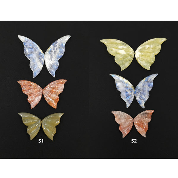 Opal Sunstone & Rainbow Moonstone Gemstone Carving : Natural Untreated Unheated Hand Carved Butterfly 3 Pair Set