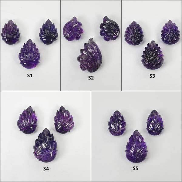 Amethyst Gemstone Carving : Natural Untreated Purple Amethyst Hand Carved Uneven Shape Leaves 3pcs Set