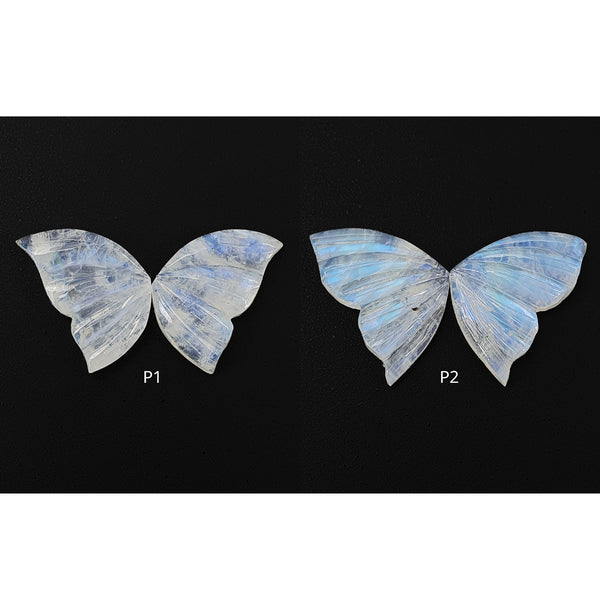 RAINBOW MOONSTONE Gemstone Carving : Natural Untreated Unheated Moonstone Hand Carved BUTTERFLY Pair