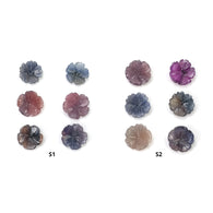 नीलम रत्न नक्काशी: प्राकृतिक अनुपचारित बिना गर्म किए गए द्वि-रंग बहु नीलम हाथ से नक्काशीदार ड्रिल किए गए फूल 6 पीस सेट