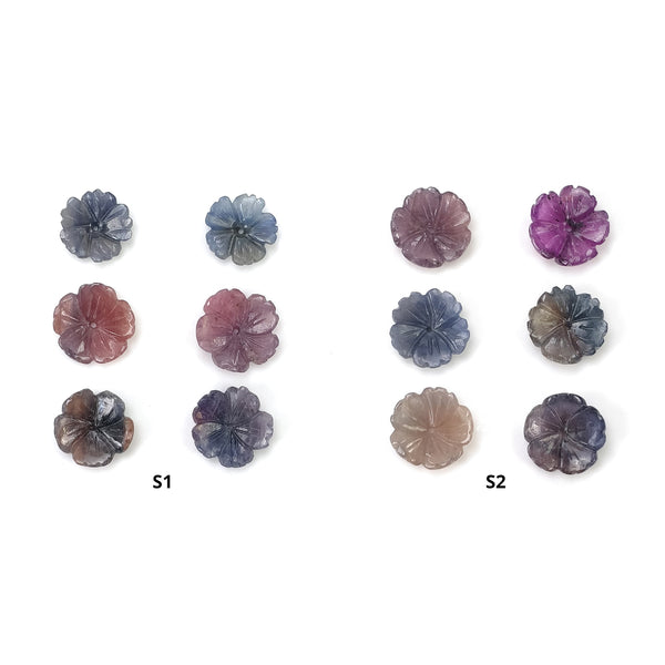 Sapphire Gemstone Carving : Natural Untreated Unheated Bi-Color Multi Sapphire Hand Carved Drilled Flowers 6pcs Set