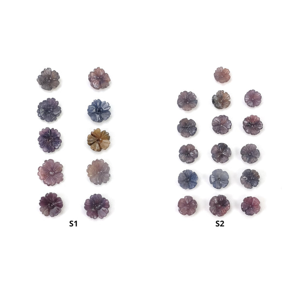 Sapphire Gemstone Carving : Natural Untreated Unheated Bi-Color Multi Sapphire Hand Carved Drilled Flowers 10pcs & 16pcs Set