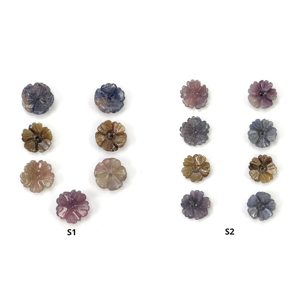 Sapphire Gemstone Carving : Natural Untreated Unheated Bi-Color Multi Sapphire Hand Carved Drilled Flowers 7pcs & 8pcs Set