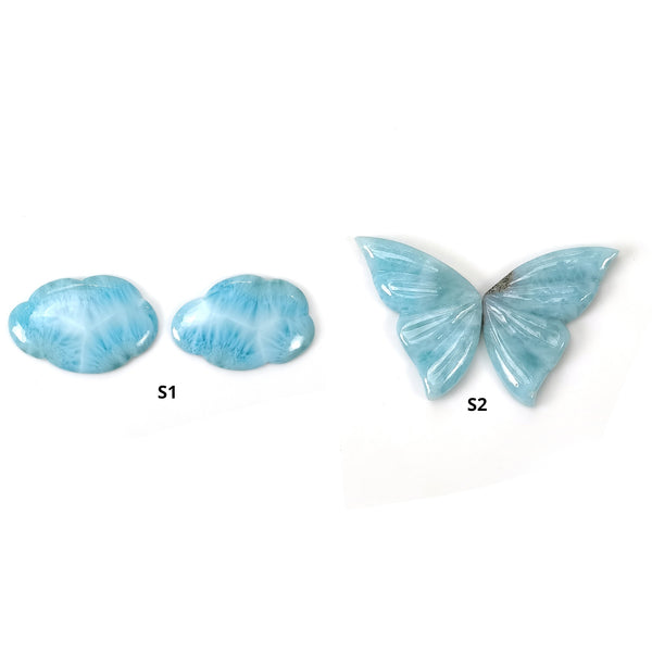 BLUE LARIMAR Gemstone Carving : Natural Untreated Unheated Larimar Bi-Color Hand Carved Cloud & Butterfly Sets