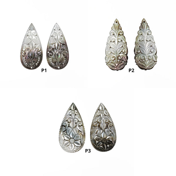 MOTHER OF PEARL Gemstone Carving : Natural Untreated Black Mop Hand Carved Pear Shape Pairs