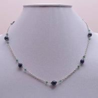 Gemstone Beads Necklace : Natural Blue Sapphire Round Ball With Emerald Beads 925 Sterling Silver Chain Necklace 18