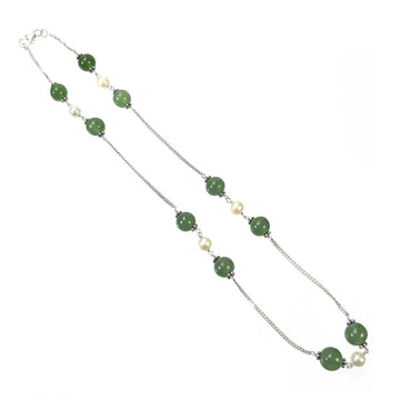 Green SERPENTINE & White PEARL Gemstones Beads Chain NECKLACE : 925 Sterling Silver Natural Round Cabochon 18" Statement Necklace