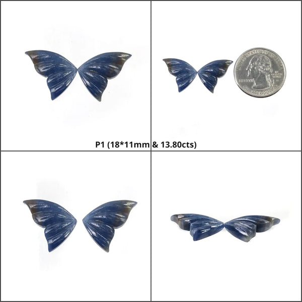 मल्टी नीलम रत्न नक्काशी: प्राकृतिक अनुपचारित द्वि-रंग नीलम हाथ नक्काशीदार तितली जोड़ी
