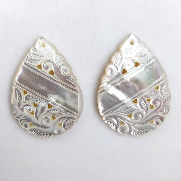 MOTHER OF PEARL Gemstone Carving : 57.50cts Natural Untreated White Handmade Mop Gemstone Hand Carved Pear Shape 39*27mm Pair For Jewelry