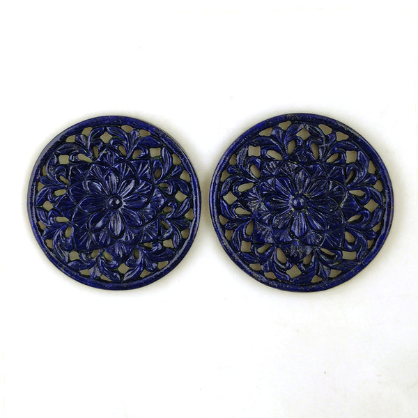 LAPIS LAZULI Gemstone Carving : 123.00cts Natural Untreated Unheated Blue Lapis Gemstone Hand Carved Round Shape 50mm Pair For Jewelry