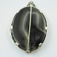 BOTSWANA AGATE Gemstone BROOCH : 925 Sterling Silver Natural Black Agate Gemstone Oval Cabochon With Cubic Zirconia 1.75