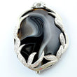 BOTSWANA AGATE Gemstone BROOCH : 925 Sterling Silver Natural Black Agate Gemstone Oval Cabochon With Cubic Zirconia 1.75" Bezel Set Brooch