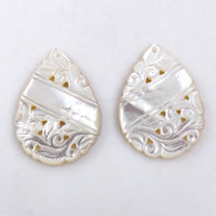 MOTHER OF PEARL Gemstone Carving : 57.50cts Natural Untreated White Handmade Mop Gemstone Hand Carved Pear Shape 39*27mm Pair For Jewelry