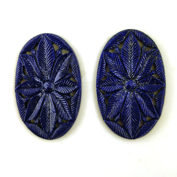 LAPIS LAZULI Gemstone Carving : 97cts 100% Natural Untreated Unheated Blue Lapis Gemstone Hand Carved Oval Shape 49*31mm Pair For Jewelry