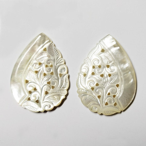 MOTHER OF PEARL Gemstone Carving : 61cts Natural Untreated White Handmade Mop Gemstone Hand Carved Pear Shape 40*30mm Pair For Jewelry