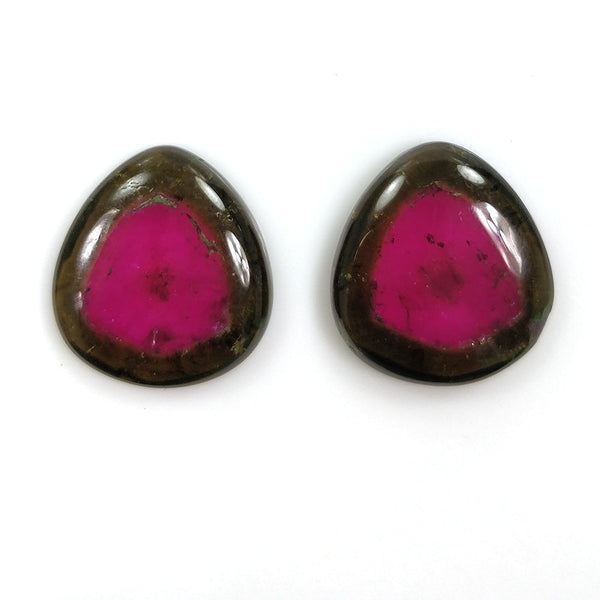 Watermelon TOURMALINE Gemstone CABOCHON : 28cts Natural Untreated Tourmaline Gemstone Trillion Shape Cabochon 19*17mm Pair For Earrings