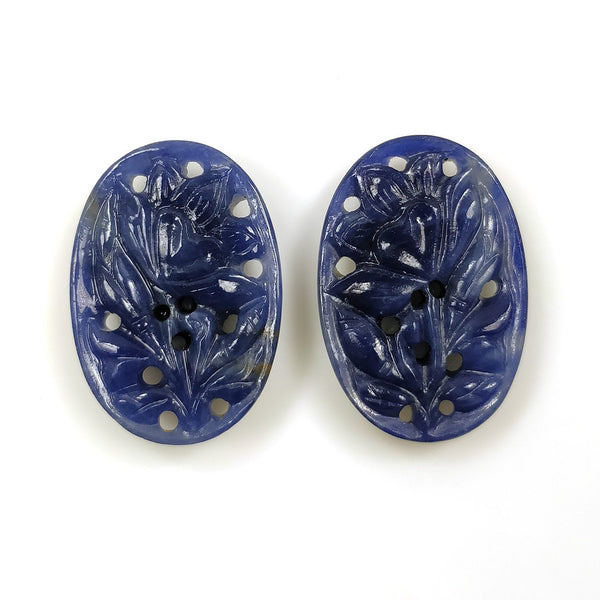 BLUE SAPPHIRE Gemstone Carving : 42.00cts Natural Untreated Unheated Sapphire Gemstone Hand Carved Oval Shape 25*18mm Pair For Earrings