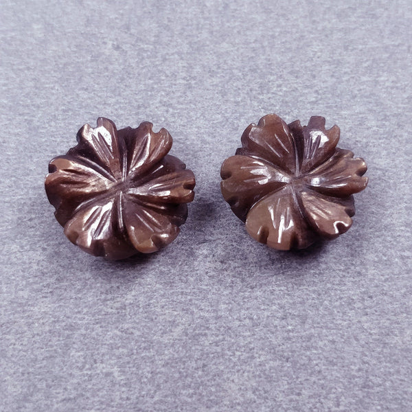 CHOCOLATE SAPPHIRE Gemstone Carving : 14.38cts Natural Untreated Golden Brown Sapphire Gemstone Hand Carved FLOWER 12.5mm Pair For Earrings