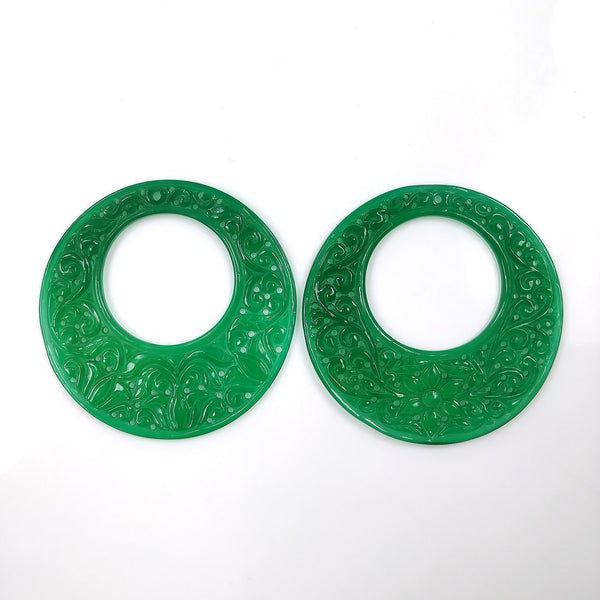 GREEN ONYX Gemstone Carving  : 96.50cts Natural Color Enhanced ONYX Gemstone Hand Carved Round Shape 59mm Pair For Jewelry
