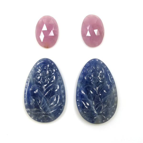 नीला गुलाबी नीलम रत्न नक्काशी: 65.00ctS प्राकृतिक अनुपचारित नीलम रत्न हाथ नक्काशीदार गुलाब कट अंडाकार अंडा आकार 16*11.5mm - 31*20mm 4pcs सेट