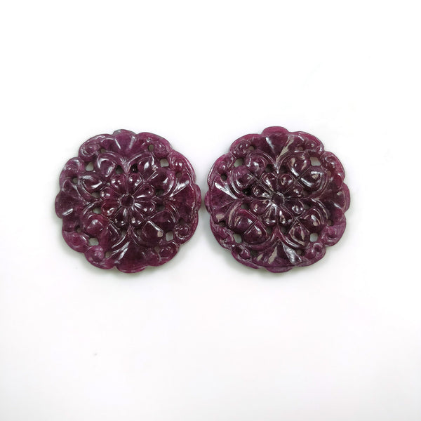 Red RUBY Gemstone Carving : 73.00cts Natural Untreated Unheated Red Ruby Gemstone Hand Carved Round Shape 30mm Pair For Jewelry