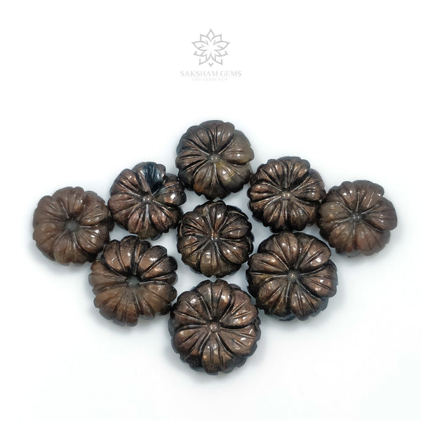 GOLDEN BROWN Chocolate SAPPHIRE Gemstone Carving : 61.50cts Natural Sapphire Hand Carved Flower Round Shape 12mm - 14mm 9pcs Set For Jewelry