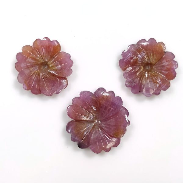 PINK SAPPHIRE Gemstone Carving: 37.50cts Natural Untreated Sapphire Gemstone Hand Carved FLOWER Round Shape 18mm - 20mm 3pcs Set For Jewelry