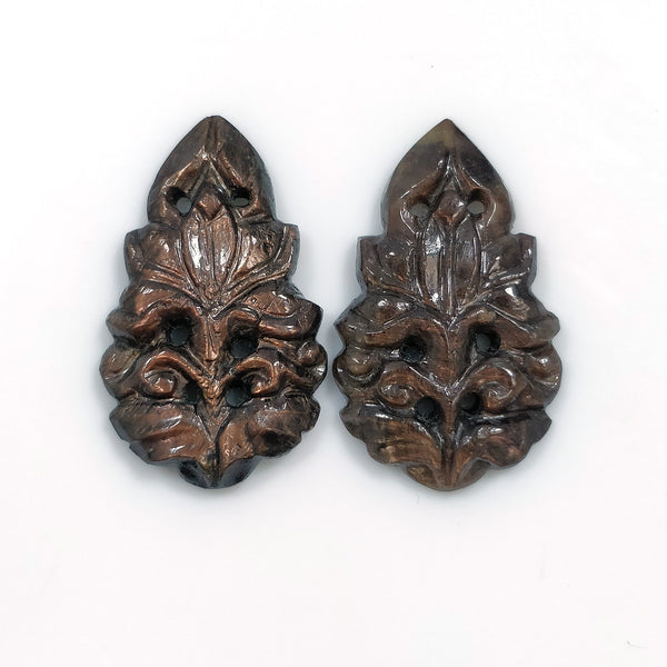 GOLDEN BROWN Chocolate SAPPHIRE Gemstone Carving : 26.00cts Natural Untreated Sapphire Hand Carved Pear Shape 25*16mm Pair For Earring