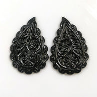 BLACK ONYX Gemstone LEAF Carving : 61.00cts Natural Onyx Gemstone Hand Carved Medium Size Indian Leaves 43*29mm Pair For Earring