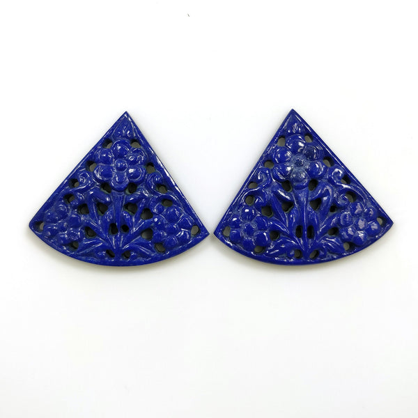 LAPIS LAZULI Gemstone Carving : 54cts Natural Untreated Unheated Blue Lapis Gemstone Hand Carved Triangle Shape 34.5*30.5mm Pair For Jewelry
