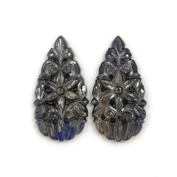 SILVER Grey SAPPHIRE Gemstone Carving : 36.00cts Natural Untreated Sapphire Gemstone Hand Carved Pear Shape 32*16.5mm Pair For Jewelry