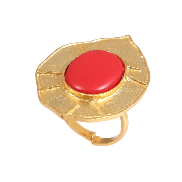 Brass Gold Plated Big Oval Natural Red Coral Gemstone Ring Boho Handmade Modern Ring Traditional Ring Brass Fashion Charm Ring Gift For Her