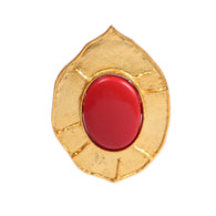 Brass Gold Plated Big Oval Natural Red Coral Gemstone Ring Boho Handmade Modern Ring Traditional Ring Brass Fashion Charm Ring Gift For Her