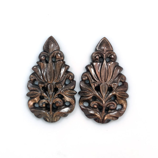 GOLDEN BROWN Chocolate SAPPHIRE Gemstone Carving : 37.00cts Natural Untreated Sapphire Hand Carved Pear Shape 32*19mm Pair For Earring