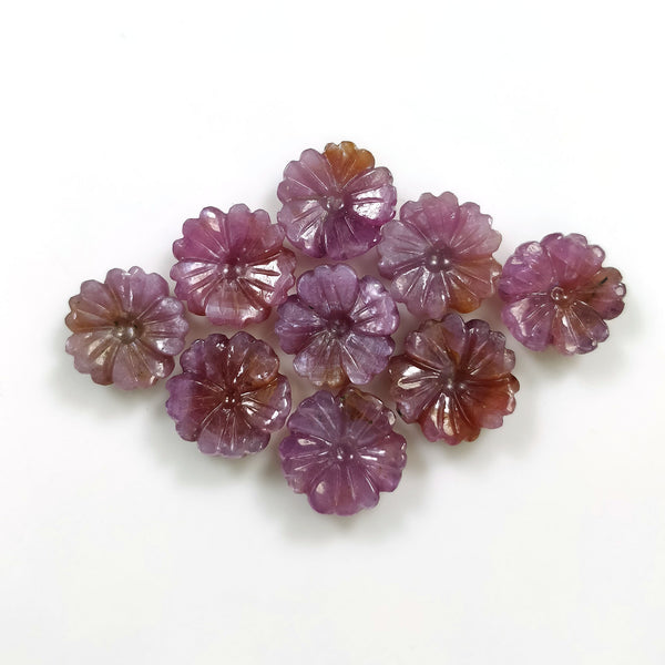 PINK SAPPHIRE Gemstone Carving : 56.40ct Natural Untreated Sapphire Gemstone Hand Carved FLOWER Round Shape 12mm*5(h)mm 9pcs Set For Jewelry