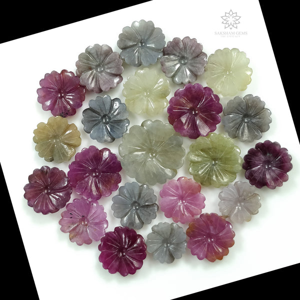 MULTI SAPPHIRE Gemstone FLOWER  : 192.35cts Natural Untreated Sapphire Gemstone Hand Carved Flower Round 12mm - 20mm 22pcs Lot For Jewelry