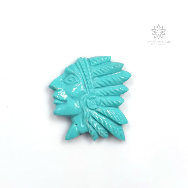 Kingman Arizona Blue TURQUOISE Gemstone Carving : 16.35cts Natural Sleeping Beauty Turquoise Hand Carved INDIAN HEAD 24*23.5mm For Jewelry