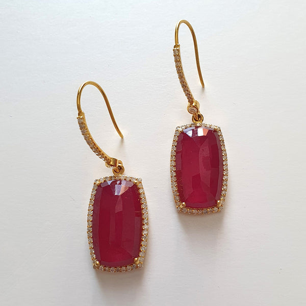 14K Gold Diamond Ruby Earring : 1.80" Natural Glass Filled RUBY Gemstone With DIAMOND 14k GOLD Drop Dangle Prong Set Style Dainty Statement Fine Earring