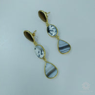 Agate Tiger Eye  gemstone :925 Sterling Silver Natural Agate Gemstone Oval & Pear Shape Gold Plated Earring 2.4