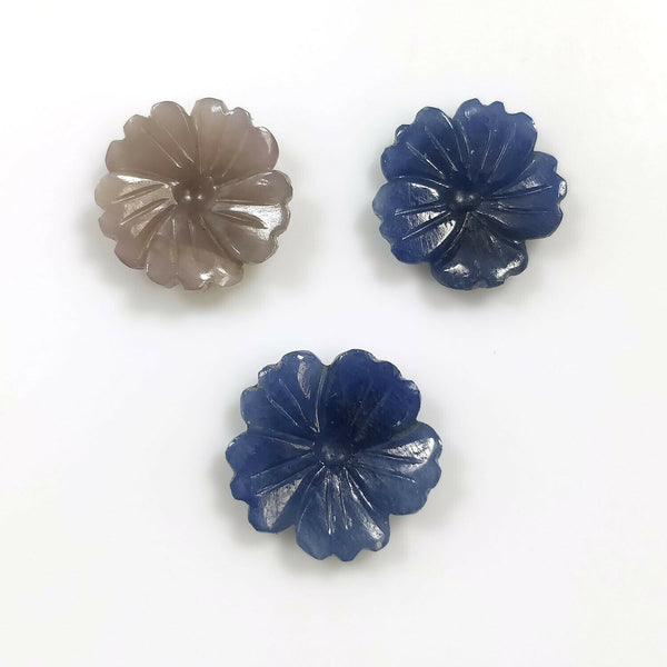 16.00cts Natural Untreated MULTI SAPPHIRE Gemstone Hand Carved Round FLOWER 14mm - 15.5mm 3pcs For Jewelry