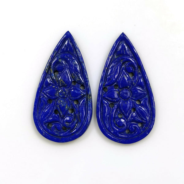 26.00cts Natural Untreated Blue LAPIS LAZULI Gemstone Hand Carved Pear Shape 35*18mm Pair For Earring